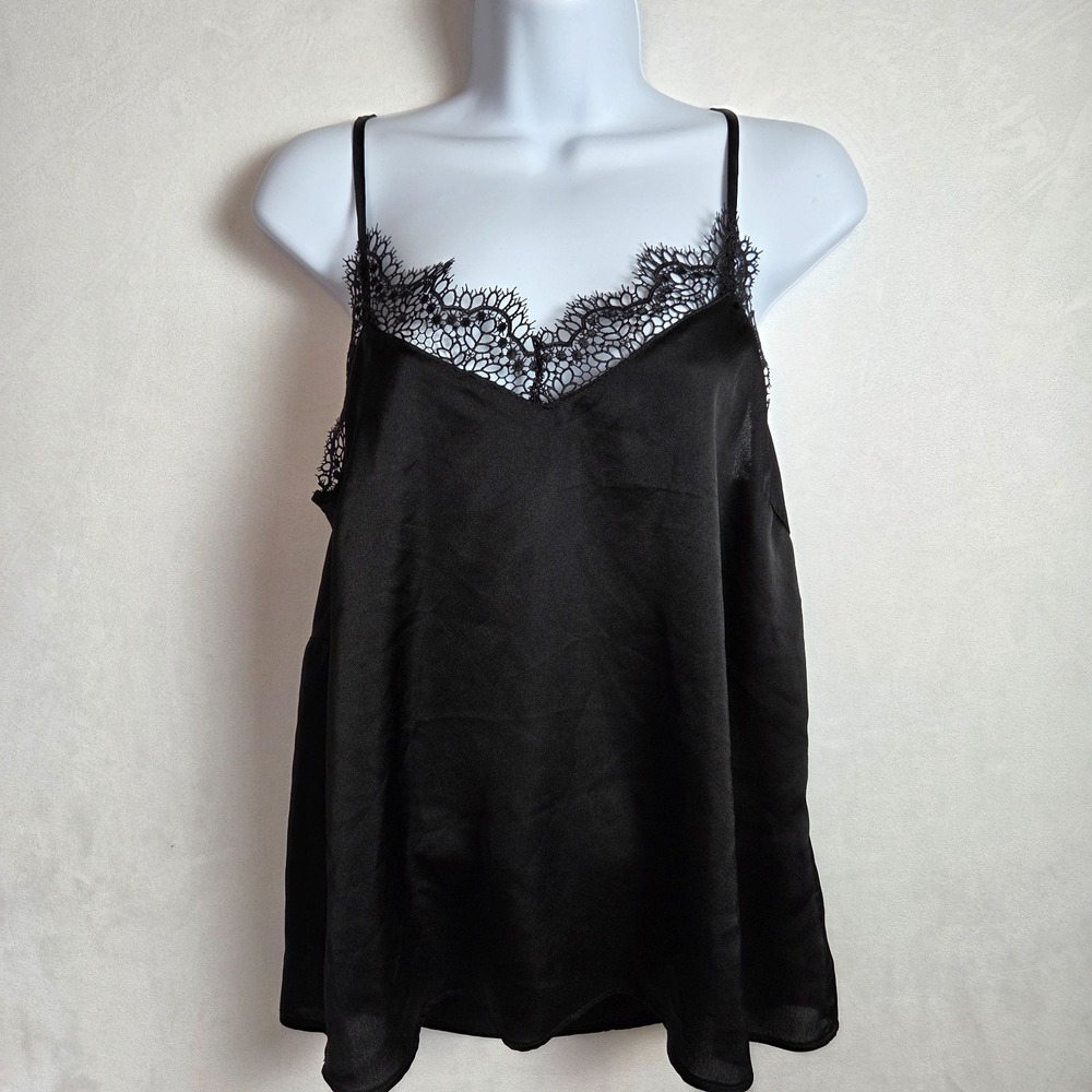 Cami Tank Top Black Satin Eyelash Lace Whimsigoth Coquette Paris Festival Fairy